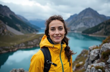 Naklejka premium A woman smiling outdoors in a yellow jacket with a scenic mountain lake background