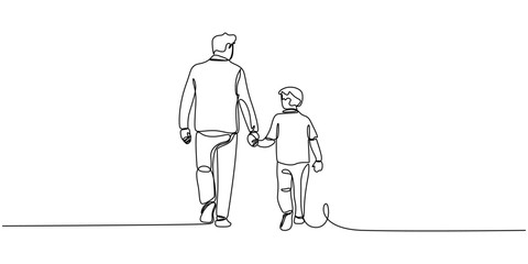 Dad and son walking together continuous one line drawing, Dad and son walking together continuous one line drawing. Father's day concept in single line art illustration. Editable vector.