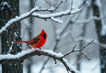 Bright red cardinal perched on snow-covered branch in a winter forest scene