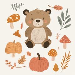 Obraz premium Adorable bear cub with autumn forest elements in a clipart set, great for nursery printable decor and cozy seasonal wall art