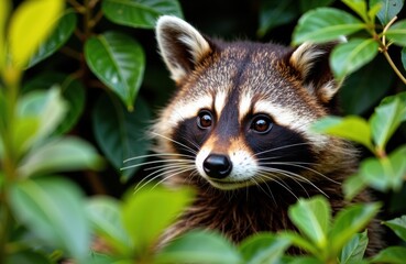 A curious raccoon peeks through lush green foliage in a natural setting