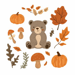 Fototapeta premium Cute bear cub with pumpkin and forest elements in a flat clipart set, ideal for seasonal packaging, eco labels and product tags