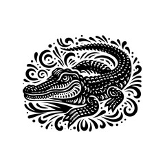 An ornate alligator illustration with decorative swirls