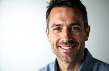 Obraz premium A smiling man with dark hair and a casual blue shirt looking directly at the camera