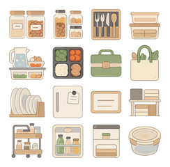 Minimalist kitchen icons: containers, cutlery, dishes, storage