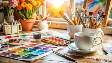 Photo of an artists sunlit workspace filled with colorful paints, brushes, pencils, and a cup of coffee on a wooden table