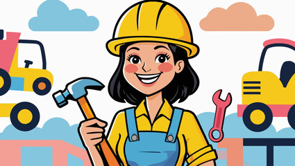 Enthusiastic cartoon builder illustration holding hammers, ready for construction work in the city