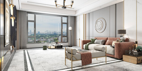 3D modeling and rendering of modern living room closed balcony Windows and casement Windows