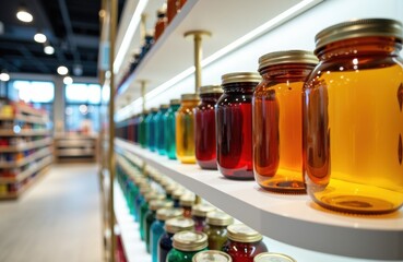 Colorful jars filled with preserves on store shelves in a grocery store aisle