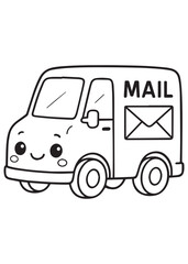 Coloring book mail delivery truck with a happy face.