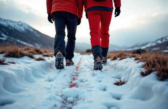 A couple walking outdoors on a snowy trail in a mountainous landscape during winter - Powered by Adobe