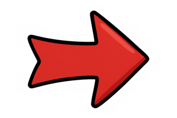 Red cartoon arrow pointing rightward on transparent surface, ideal for presentation graphics and learning materials