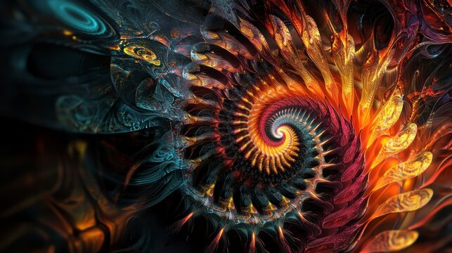 Fototapeta Abstract fractal art depicting a fiery spiral with teal and orange hues.