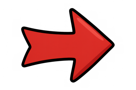 Red cartoon arrow pointing rightward on transparent surface, ideal for presentation graphics and learning materials