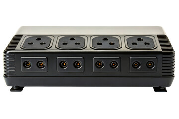 Fototapeta premium Black power strip with multiple universal sockets and power connectors isolated with transparent background