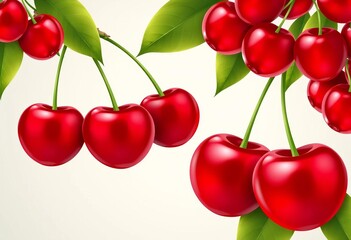 Four juicy cherries & cherry bunches, vibrant red, vector illustration,  stem,  cartoon