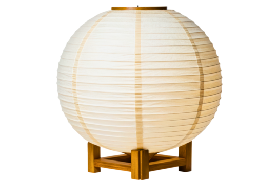 Round paper lantern lamp with wooden base and soft warm light isolated with transparent background