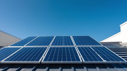 Solar panels installed on a rooftop with a clear sky, modern house in the background representing clean energy and sustainable living  
