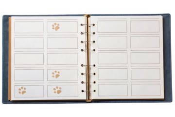 Open album for visiting cards decorated with pet paw prints isolated with transparent background