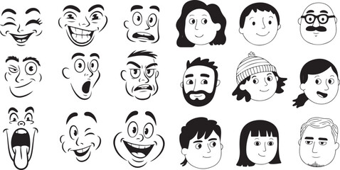 Collection of Diverse Cartoon Faces Expressing Varied Emotions Black and White Line Art Style