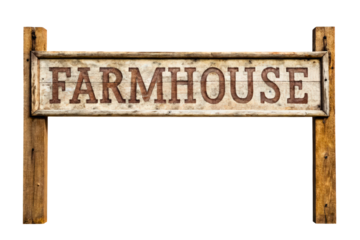 Rustic wooden farmhouse sign with weathered white painted letters isolated with transparent background