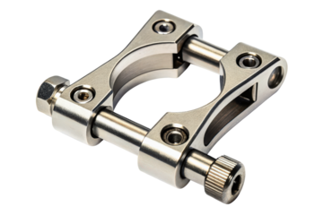 Stainless steel clamp bracket with bolts and knurled adjustment knob isolated with transparent background
