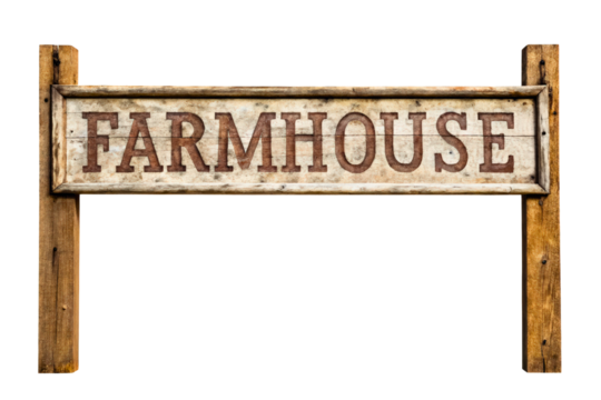 Rustic wooden farmhouse sign with weathered white painted letters isolated with transparent background