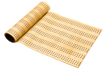 Perforated tan leather roll with square holes for upholstery projects isolated with transparent background