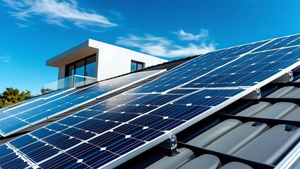 Solar panels installed on a rooftop with a clear sky, modern house in the background representing clean energy and sustainable living  
