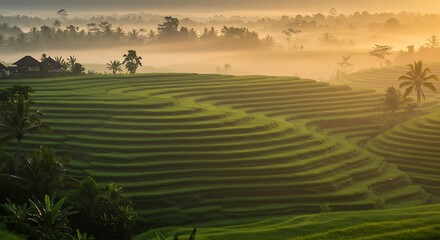 A scenic view of terraced rice paddies in a lush, green valley, bathed in the warm light of a misty sunrise.