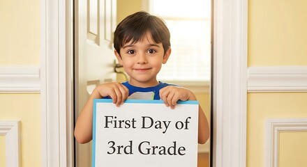 A young boy holding a sign that says first day of third grade standing in a doorway with a smile on his face