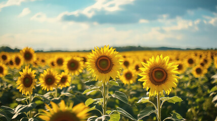 Obraz premium A vast field of sunflowers under a partly cloudy sky.