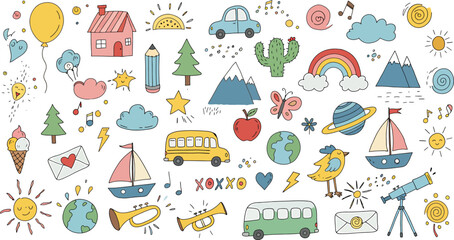 Obraz premium Playful Assortment of Childlike Hand-Drawn Doodles with Rainbows Cars and Planets on White Background