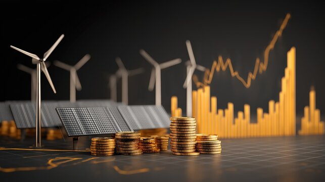 Stacks of gold coins, wind turbines, and solar panels symbolize investment and growth in renewable energy with a rising financial graph in the background.