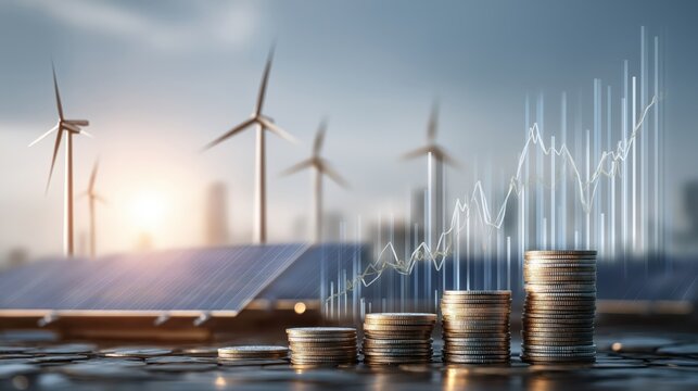 Solar panels and wind turbines with stacked coins symbolize renewable energy investment and financial growth in sustainable technology.