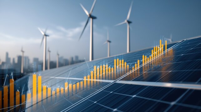 Solar panels and wind turbines generate clean energy with an overlay of rising financial graphs symbolizing growth in renewable energy investment.