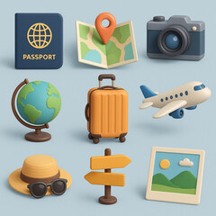 Travel Adventure 3D Icons – Passport, Map & Camera for Global Explorers