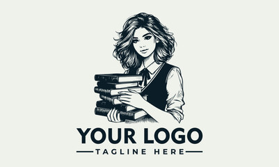 Illustration of a young woman holding a stack of books, with space for a logo and tagline.