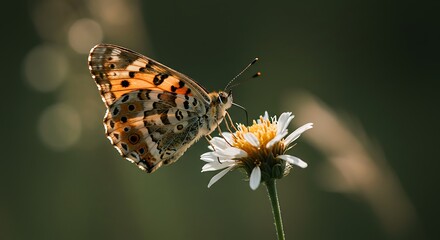 Fototapeta premium A speckled butterfly delicately rests on a small white wildflower, basking in soft sunlight.