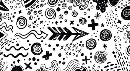 Obraz premium Energetic seamless pattern of black hand-drawn abstract doodle elements, including spirals, arrows, crosses, and wavy lines on white.