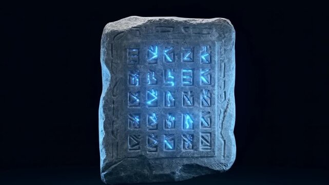 Mystical Rune Stone: An ancient, weathered stone tablet, etched with glowing runes, evoking mystery and the power of forgotten wisdom.