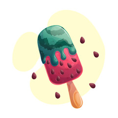 Delicious watermelon ice cream on a stick on a yellow background, watermelon popsicle. The concept of confectionery, baking, cooking. Isolated vector illustration for menu design, posters, banners
