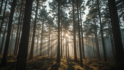 Obraz premium Morning Sunlight Through Pine Forest