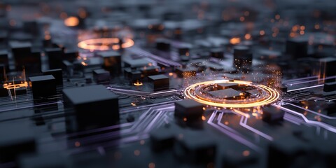 A close-up of a futuristic circuit board with glowing orange pathways and nodes, symbolizing advanced technology and digital connectivity.