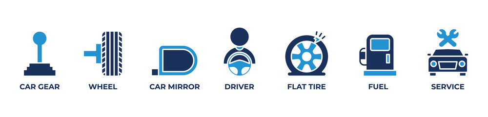 On the Road Essentials Icons set vector illustration blue  with Car gear, Wheel, Car mirror, Driver, Flat tire, Fuel, Service