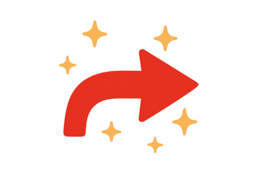 Red curved arrow pointing right, glowing with yellow sparkles against transparent backdrop, signaling directional movement and communication