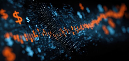Digital financial data visualization with dollar signs and fluctuating graphs on a dark background.