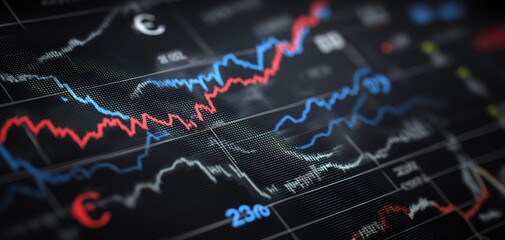 Close-up of a digital financial chart displaying fluctuating red and blue line graphs on a black background with numerical data.