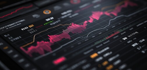 A close-up view of a digital financial trading interface displaying dynamic stock market graphs, charts, and data analytics in vibrant colors.