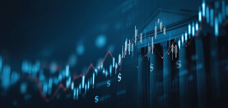 A digital financial graph with upward trends and dollar symbols overlays a classical bank building, symbolizing economic growth and investment. - Powered by Adobe